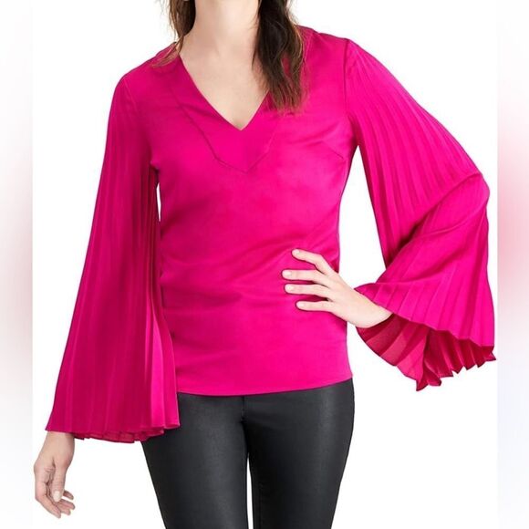 Trina Turk V-neck Almande Pleated Sleeve Pullover Blouse L - Picture 1 of 6